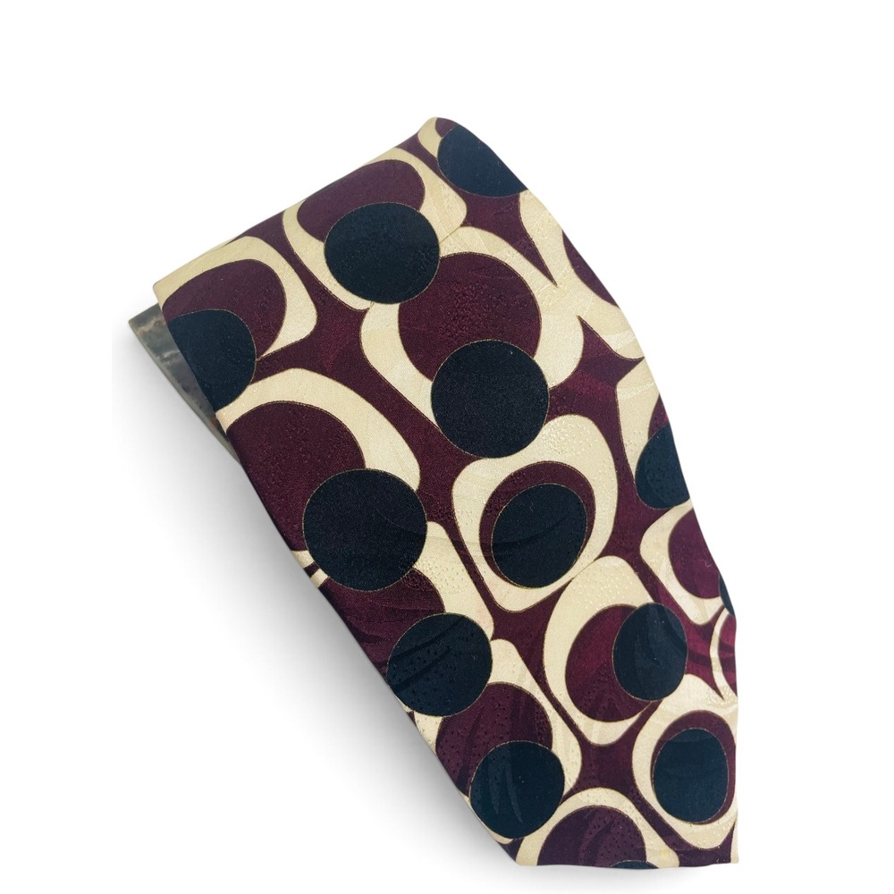 VTG Burgundy Black Cream Jacquard Silk Wide-Blade Necktie Mod Geometric Italian